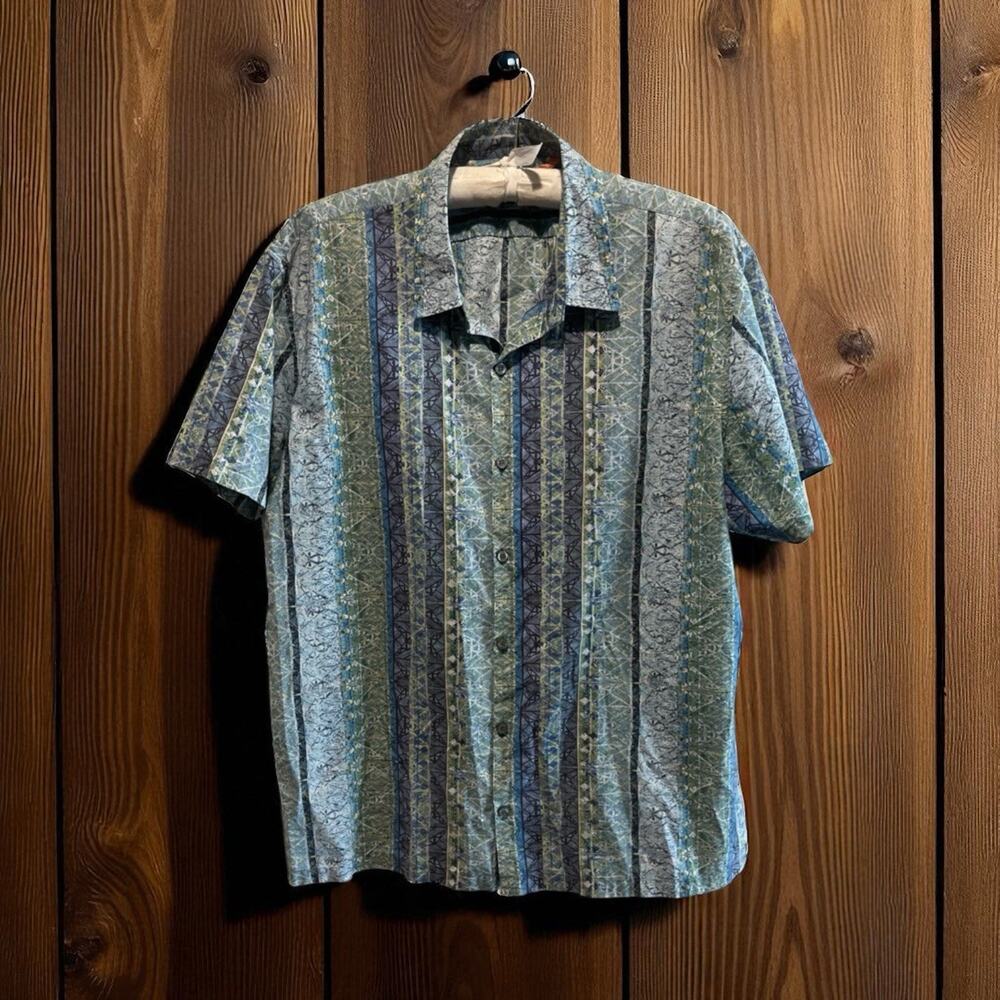 Tori Richard Shirt Men's 2XL Blue Green Geometric Hawaiian Aloha Lawn Cotton